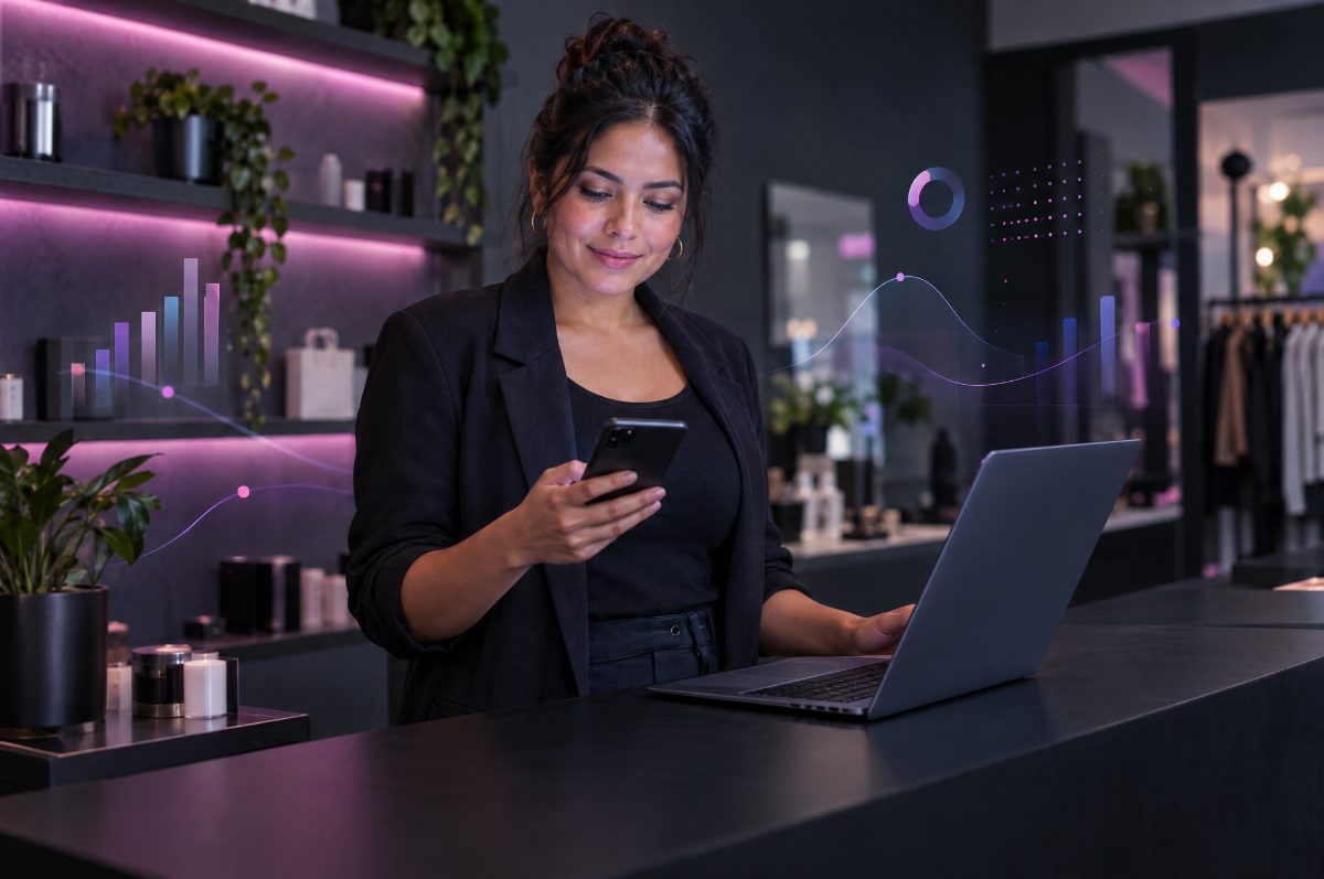 Dueña de un negocio revisa sus métricas en el celular y el notebook, con gráficos de fondo