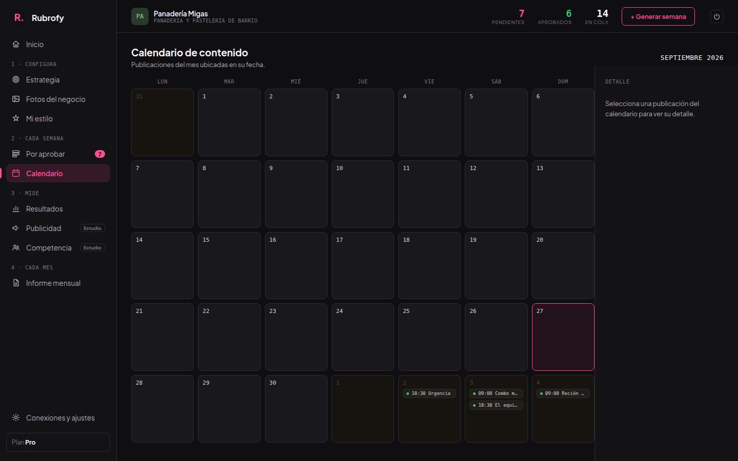 Calendario del mes con las publicaciones programadas