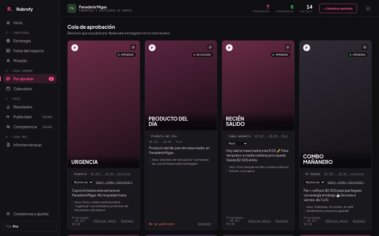 Cola de aprobación con publicaciones aprobadas y pendientes