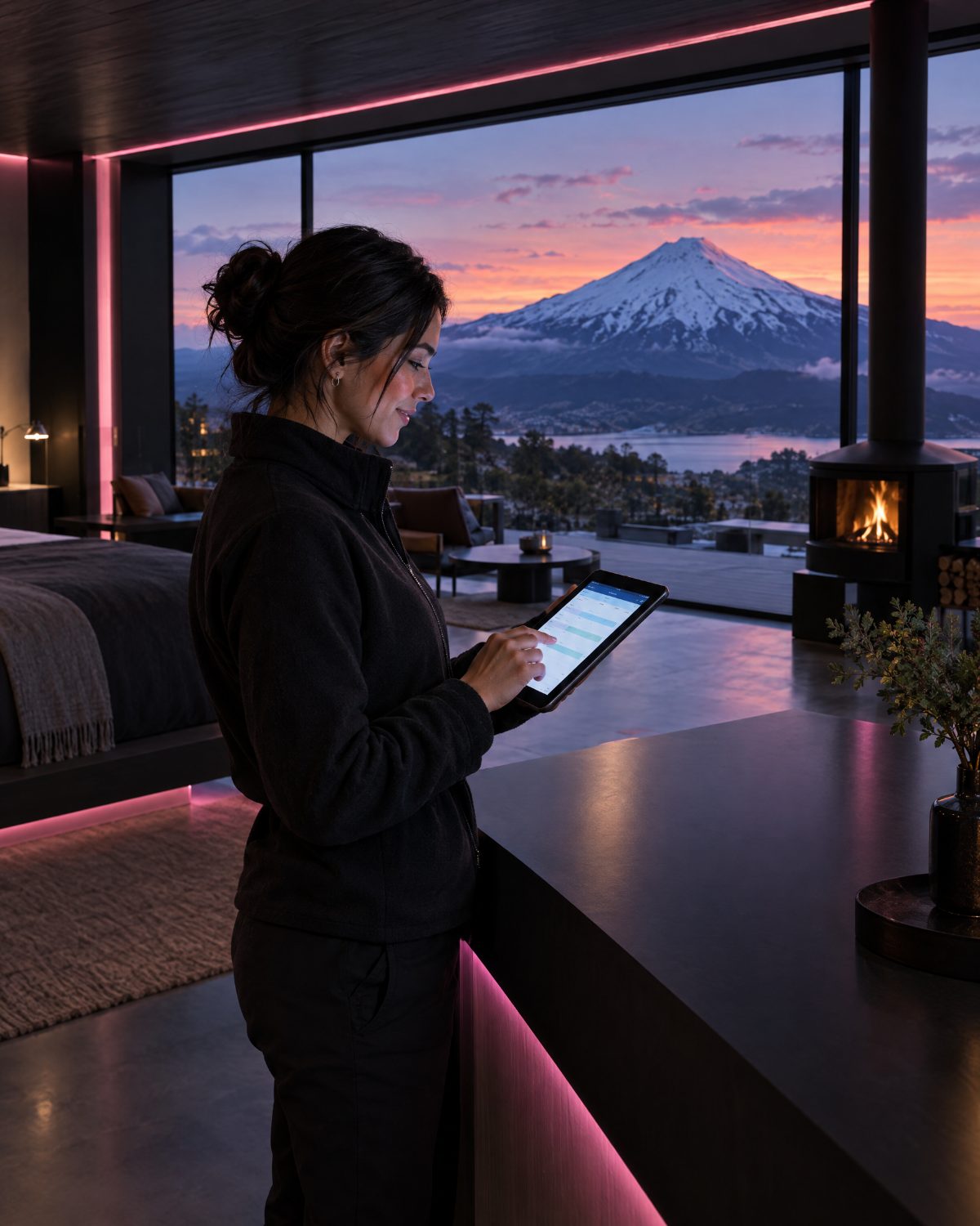Anfitriona de un lodge con vista al volcán revisa sus reservas en una tableta
