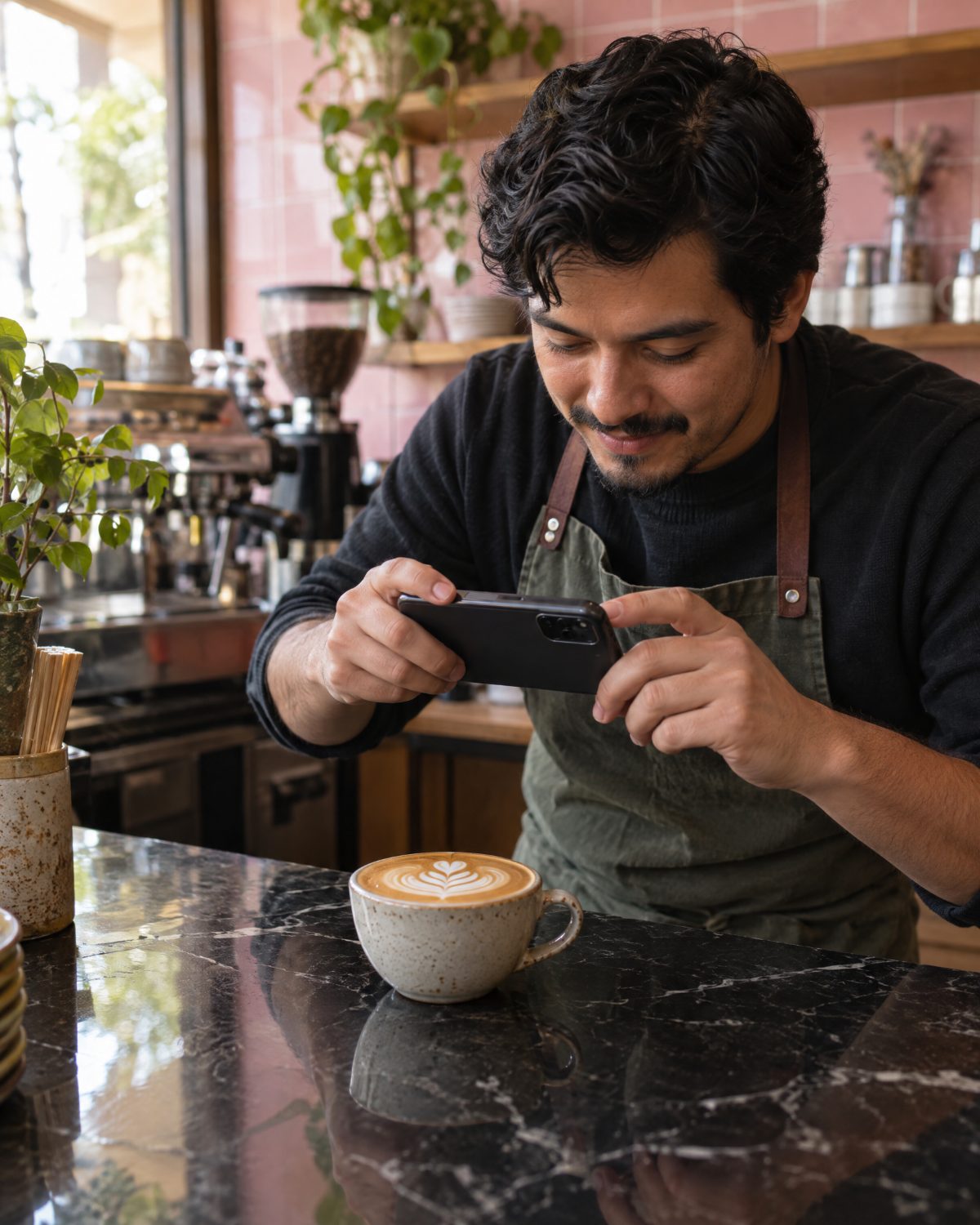 Barista fotografía un café con arte latte con su celular