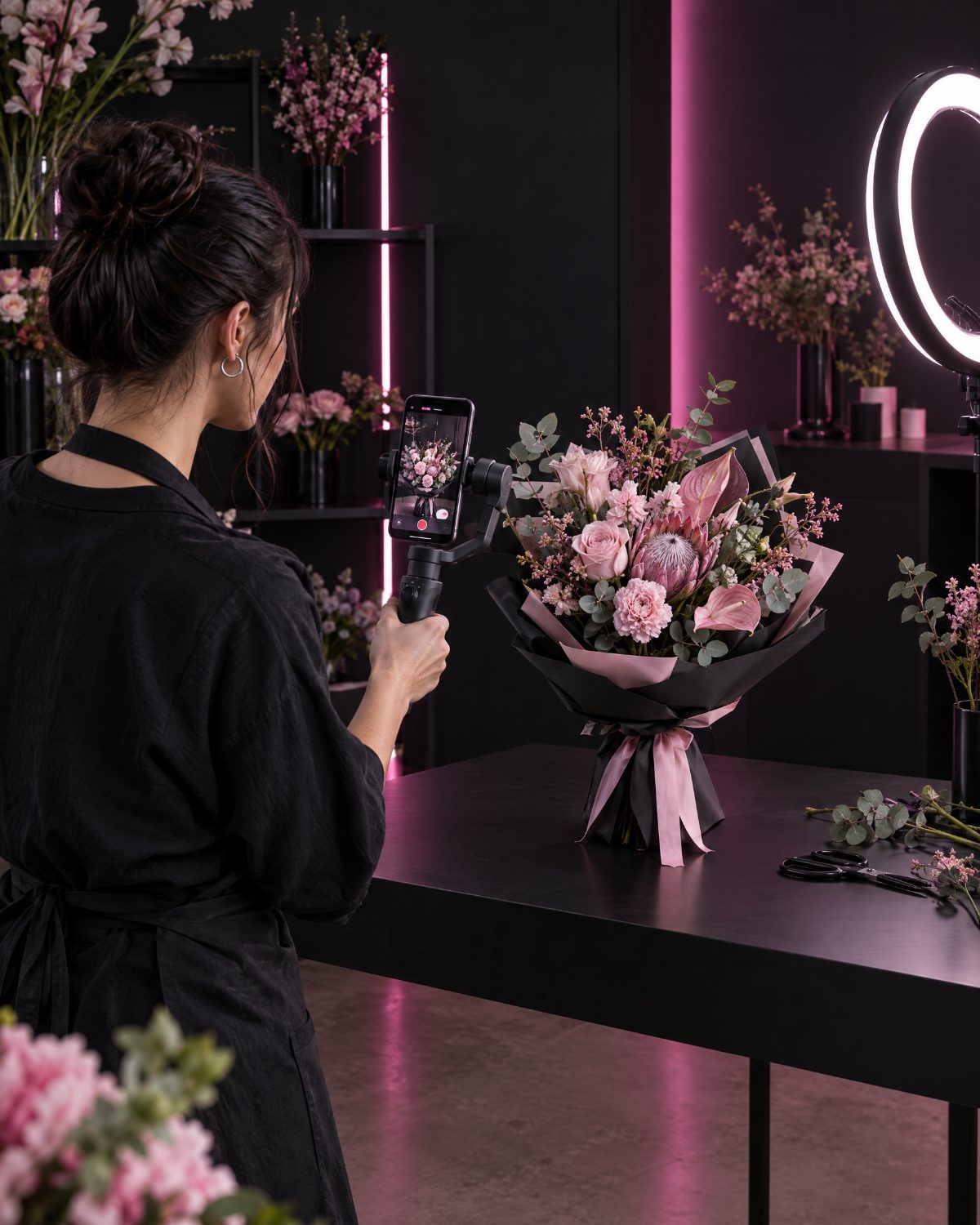Florista graba un video de un ramo con su celular en un estabilizador