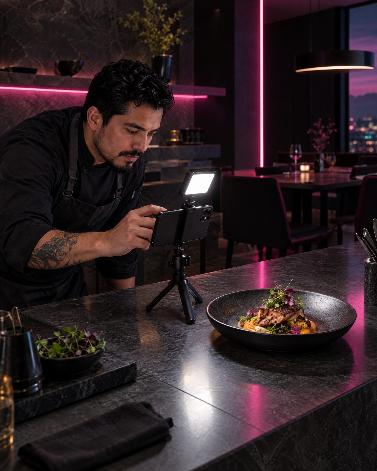 Chef fotografía un plato con su celular en un trípode con luz LED